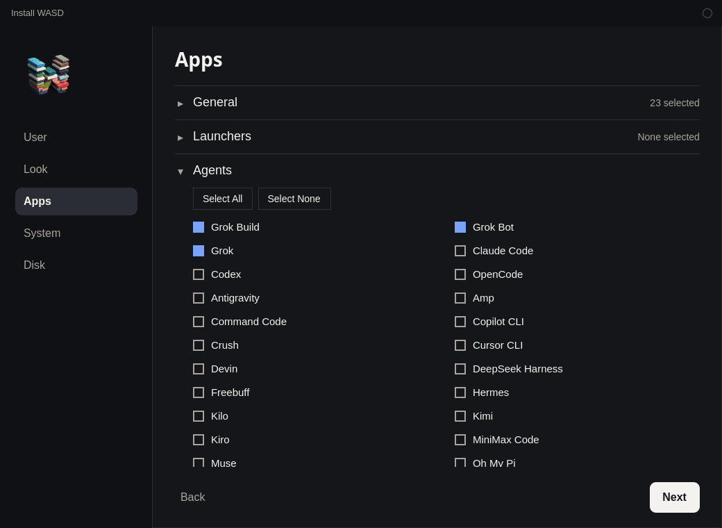 Install WASD with Agents open. Grok Build, Grok Bot, and Grok are checked. The other agents are unchecked.