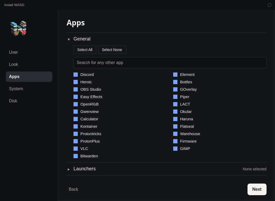 Install WASD on Apps. General is open. The suggested apps are checked, and a search box says Search for any other app.
