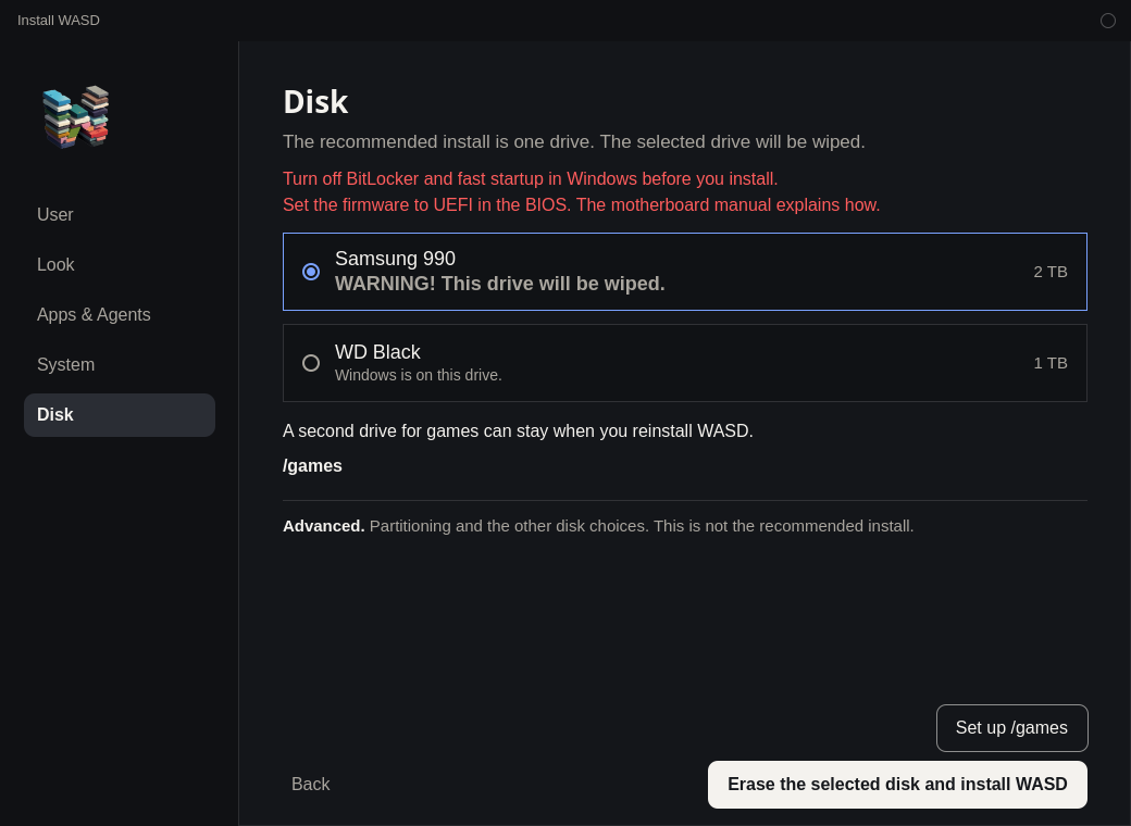 Install WASD on the Disk step. An example 2 TB drive is selected. Set up /games is above the install button.