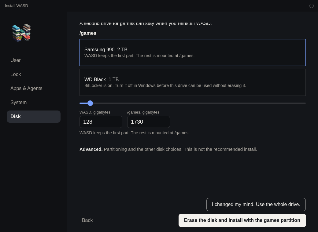 The /games section is open. The WASD drive is selected and the size slider is open. The other drive is listed under it.