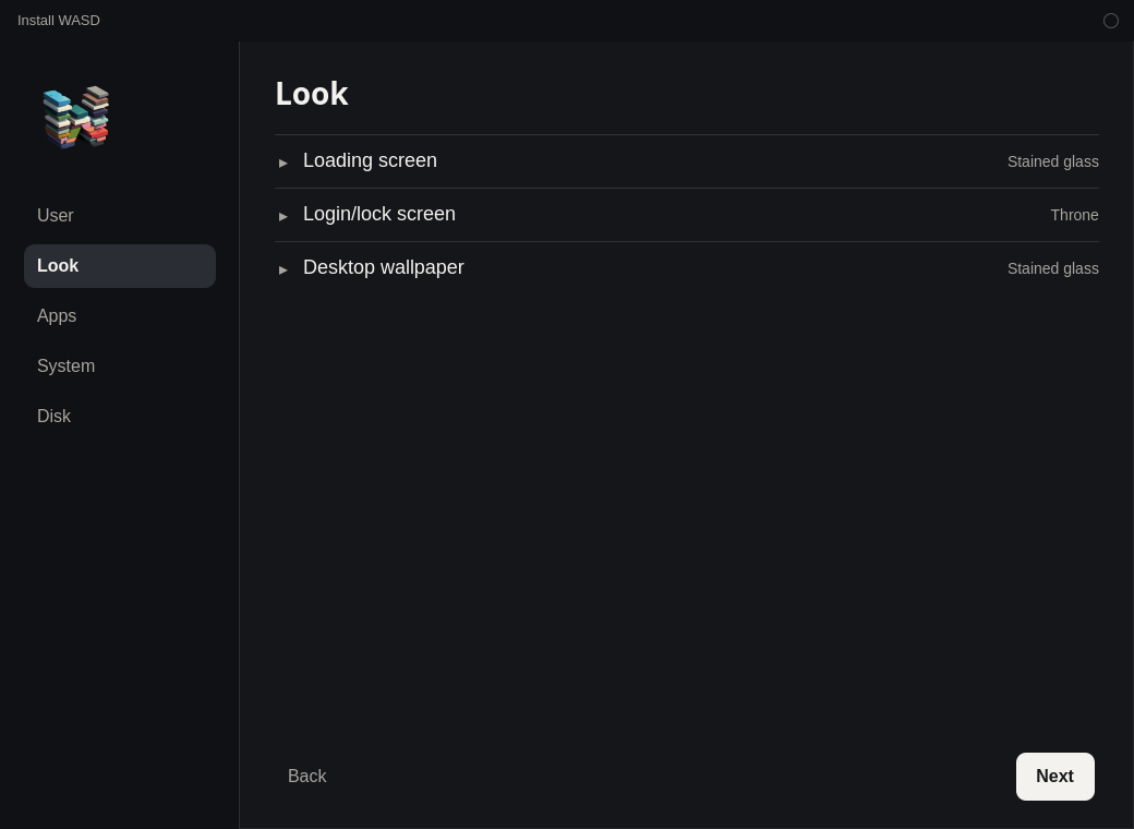 Install WASD on the Look step. Loading screen, Login/lock screen, and Desktop wallpaper are closed, and each row names the picture in use.