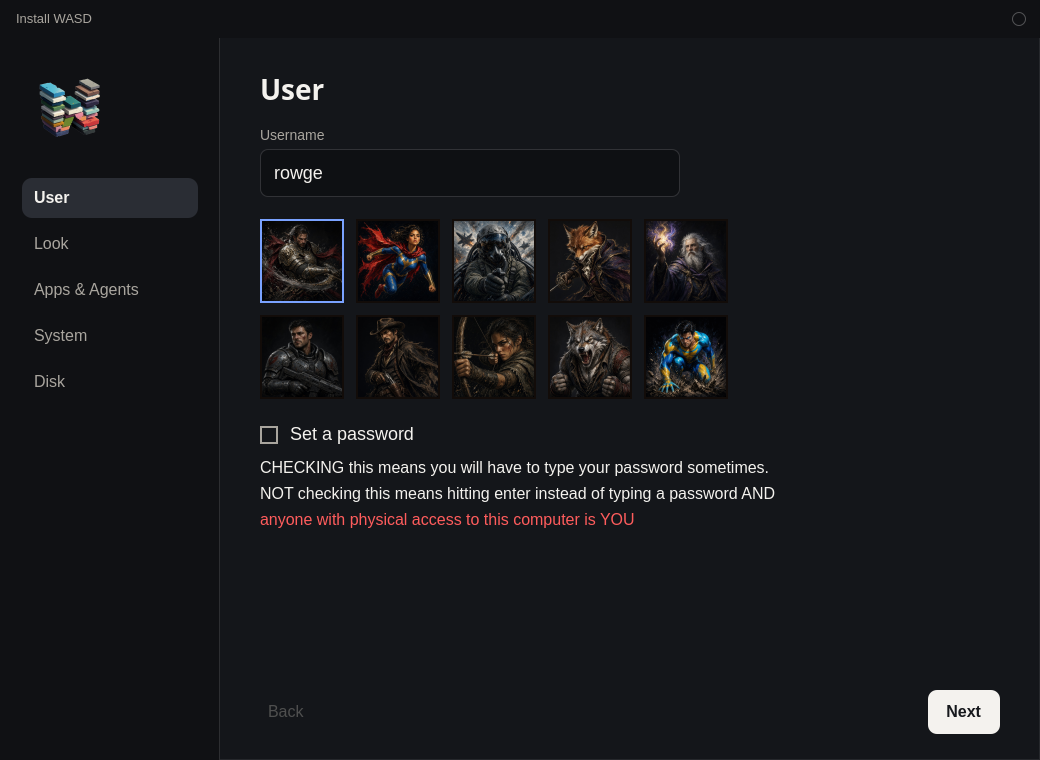 Install WASD on the User step. The username is rowge, the knight is selected, and Set a password is unchecked.